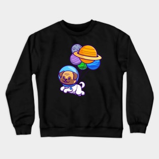 Cute Pug Dog Astronaut Floating With Planet Balloon Cartoon Crewneck Sweatshirt